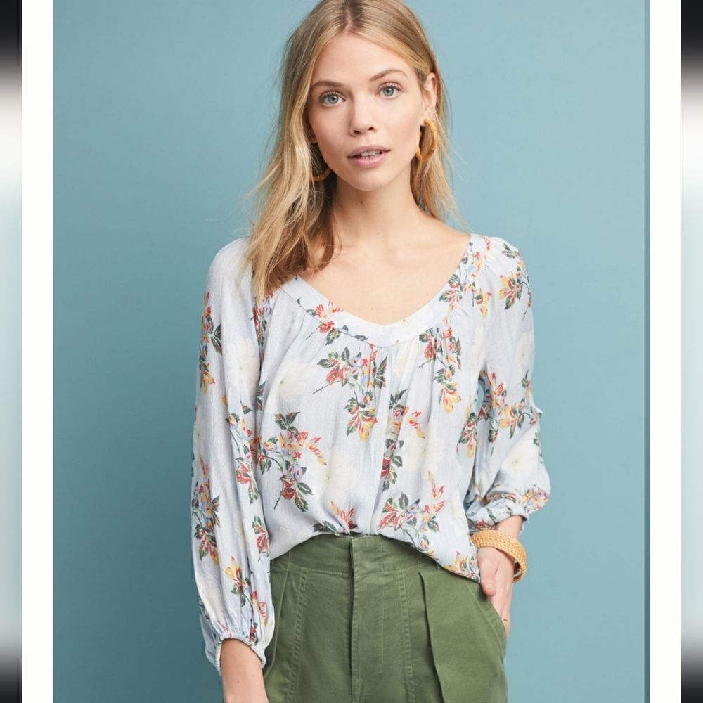 Anthropologie Maeve Boswell Blouse Sky Blue White Stripes  Floral XS